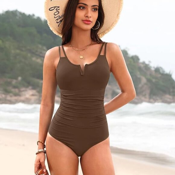 NEW🎁 Full Coverage, Coffee Brown,Slimming, Ruched Waist Bathing Suit SHE CURVE - Picture 1 of 8